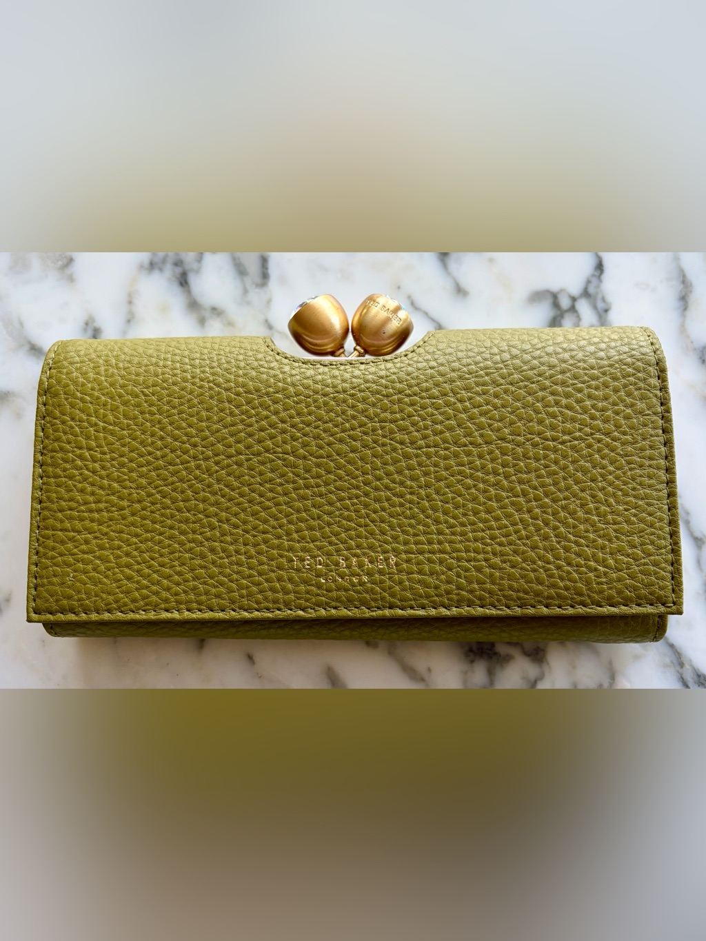 Ted Baker Green & Pink Pebbled Leather Wallet With Gold Kiss-Lock Detail (Nwt)